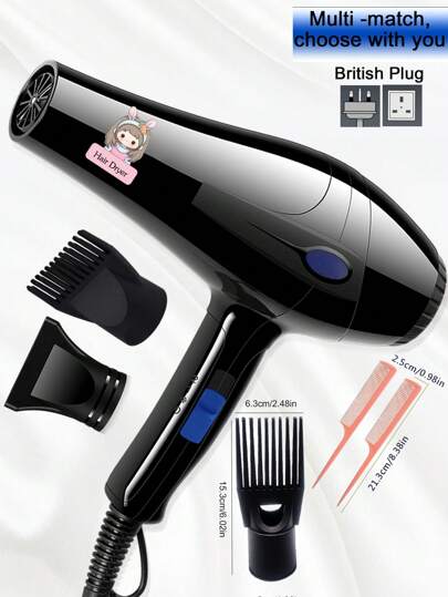1pc Bunny Girl UV Printing UK Plug Hair Dryer, Includes Nylon Shockproof Housing, High Power One-Key Control Hair Dryer, Random Color Comb & Air Outlet Nozzle