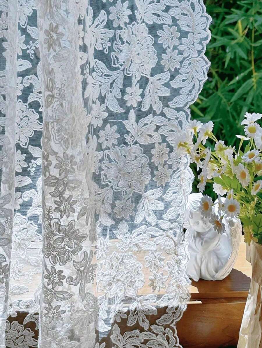 1pc French Style Vintage Cream Embroidered Tulle Curtain With Ruffle Edge, Elegant Lace Room Divider For Dining Room, Living Room, Bedroom, European - Beige - View 1