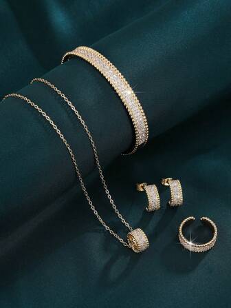 Women 4pcs/Set Zirconia Starry Sky Pendant Earrings Bracelet Ring Jewelry Set, High Quality Fashionable Accessories