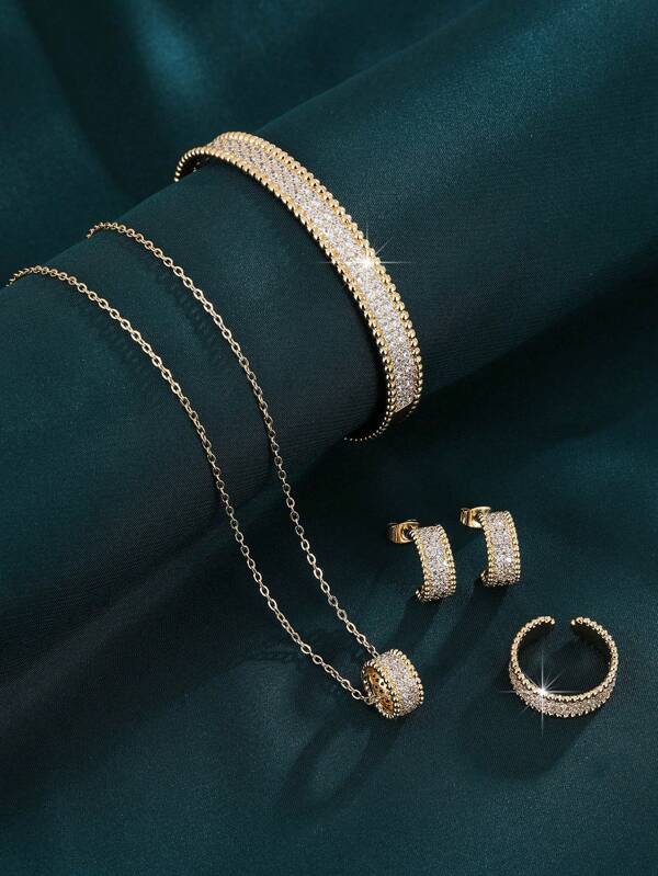 Set di 4 pezzi di bracciale, anello, orecchini e pendente per collana da donna, set di gioielli di moda in zirconia cubica di alta qualità a tema cielo stellato