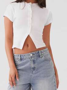 Womens Ribbed Button Down Going Out Crop Top Short Sleeve Crew Neck Tight Basic Tees Casual Cardigan Tops Solid Color T-Shirt - White - View 3