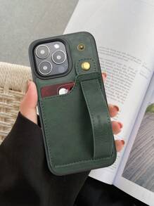 Green 1pc Fashion & Elegant PU Leather Phone Case With Card Slot, Wrist Strap, Stand Feature Compatible With Apple IPhone 16, 15, 14, 13, 12 Pro Max Plus