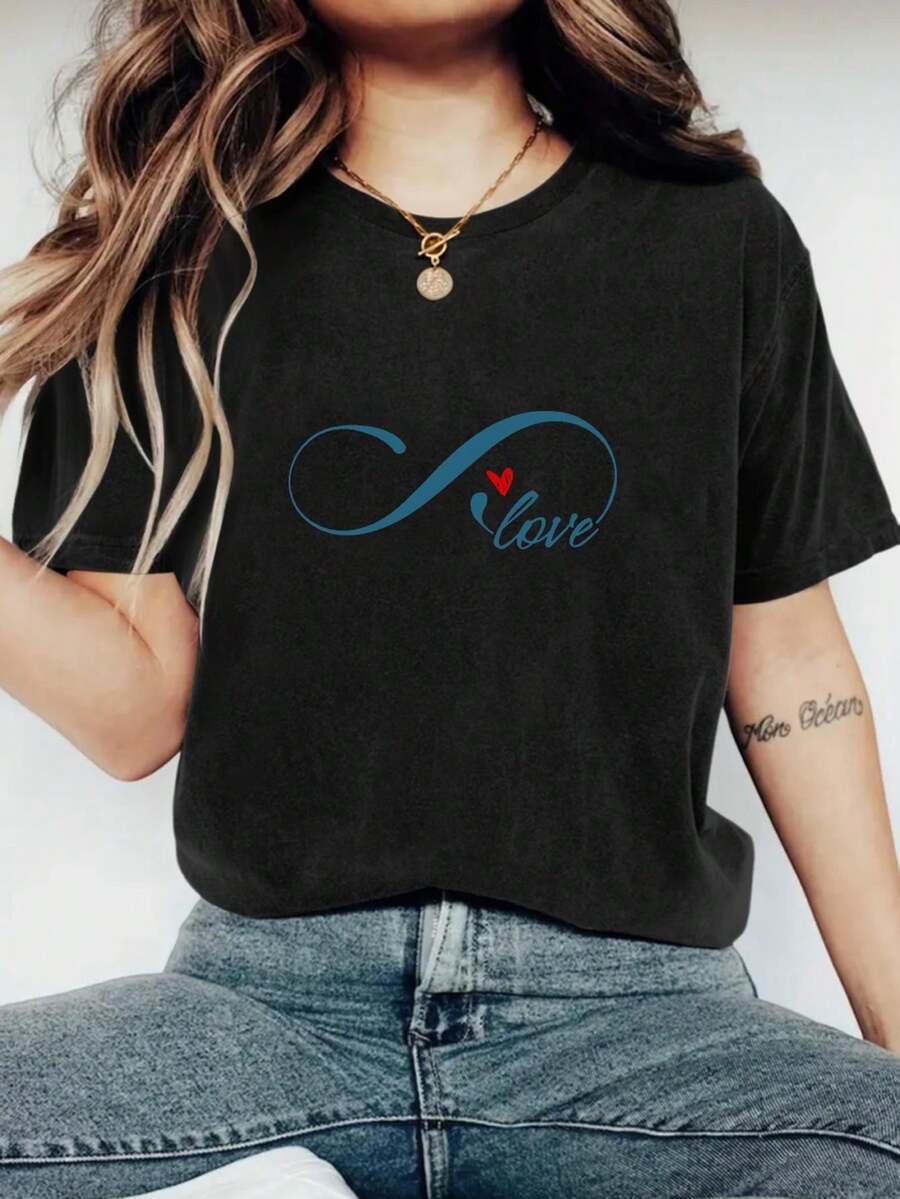 1 Pack 200gsm Crew Neck Happy Valentine's Day Print T-Shirt For Women - Round Neck Casual Knit Polyester Fabric - Lightweight & Breathable T Shirt For All Seasons - 黑色 - 查看 1