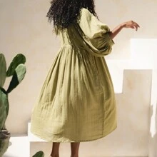 Women's Summer Loose Dress Solid Color 3/4 Sleeves Round-Neck Tie Front Long Dress - 淺綠色 - 查看 2