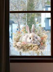 1pc/1set 2pcs Basket Egg Rabbit Window Cling Decal, Creative Home Decor For Living Room Bedroom, Double-Sided Visible Pattern Sticker Easter Gifts Birthday Graduation Stickers