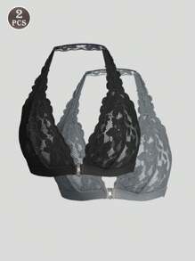 2pcs Lace Halter Neck Bra Set, Simple & Fashionable For Women, Casual Everyday Wear