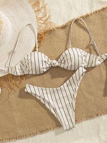 PEPPERMOLLY New Adjustable Strap Ruched Striped Print Bikini Set, Elegant Party & Beach Swimwear For Summer - White - View 5