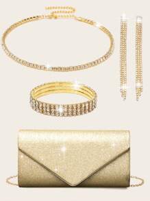 LETODE 4 件水钻首饰闪亮项链耳环手链套装优雅高端闪光 V 形翻盖晚宴包闪光信封手拿包闪光宴会手提包新娘婚礼女士新娘晚宴包舞会闪亮带可拆卸链条婚礼和派对单肩包女士钱包闪亮派对女士手提晚间金属链包手提包鸡尾酒会婚礼新款宴会包