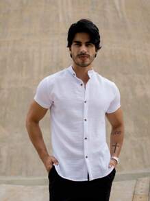 Men's Summer Formal Shirt Short Sleeve Priest Collar Slim Fit Premium - 白色 - 查看 6
