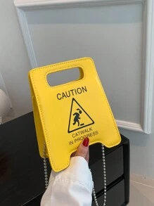 New Cartoon Warning Sign Handbag, Chain Letter Bag, Cosmetic Bag, Accessory Bag, Fashion Casual Minimalist Street Shoulder Crossbody Bag, Fashionable Butter Yellow Bag For Women