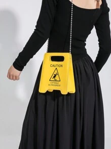 New Cartoon Warning Sign Handbag, Chain Letter Bag, Cosmetic Bag, Accessory Bag, Fashion Casual Minimalist Street Shoulder Crossbody Bag, Fashionable Butter Yellow Bag For Women