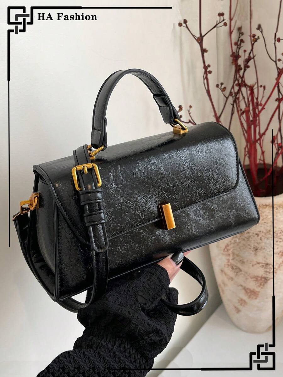 Retro Suede PU Patchwork Handbag & Shoulder Bag For Women, Casual Square Crossbody Bag For Work - Black - View 1