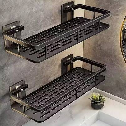 Estantería de ducha, juego de 1 pieza de estantería de ducha adhesiva con gancho, sin necesidad de taladrar, montada en la pared, resistente a la oxidación, de alta gama para baño, cocina, estantería de almacenamiento, estanterías de almacenamiento, estante, negro