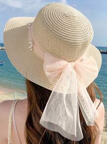New Lace Pearl Mesh Bow Decor Straw Hat, Sweet Wide Brim Sun Hat For Summer Vacations, UV Protection, Fashionable & Versatile Casual Boho Vintage Streetwear, Polyester, Bow Accent, Spring/Summer