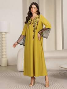 Women V-Neck Print Long Sleeve Mesh Casual Dress,Modest