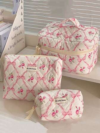 1Pc/Set Bow Knot & Rose Design Quilting Cosmetic Bag, Fashionable Portable Makeup Bag, Multi-Functional Storage Bag For Lipstick, Sanitary Napkin, Coins, Keys Etc, Large Capacity Lovely Wash Bag For Travel Organizer Cosmetic Bag For Travel, Mother's Day Gift Summer Travel, Vacation Home Bathroom Decor Holiday Makeup Organizer Bathroom Accessories Back To School