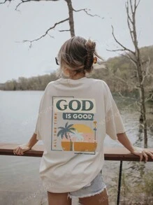 Nieuwe zomerslogan voor dames: T-shirt met ronde hals en korte mouwen en palmboomprint, veelzijdig voor dagelijks gebruik en modieuze vakantiestijl. Grafische T-shirts, vakantie-outfits voor dames, zwarte top voor dames.