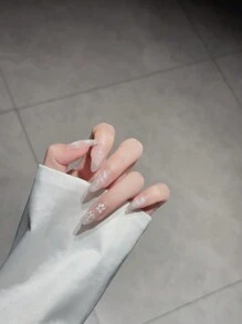 手工制作的假指甲，带有白色花朵扎染设计，闪亮的杏仁形指甲尖，美甲用品按压指甲 - 藕粉色 - 查看 3