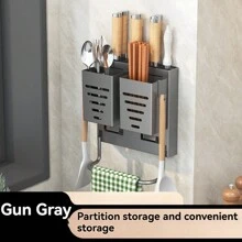 带隔间的厨房挂式餐具架、厨房储物架、壁挂式餐具干燥架、带沥水盘的自粘式餐具架、黑色挂架（黑色、灰色）