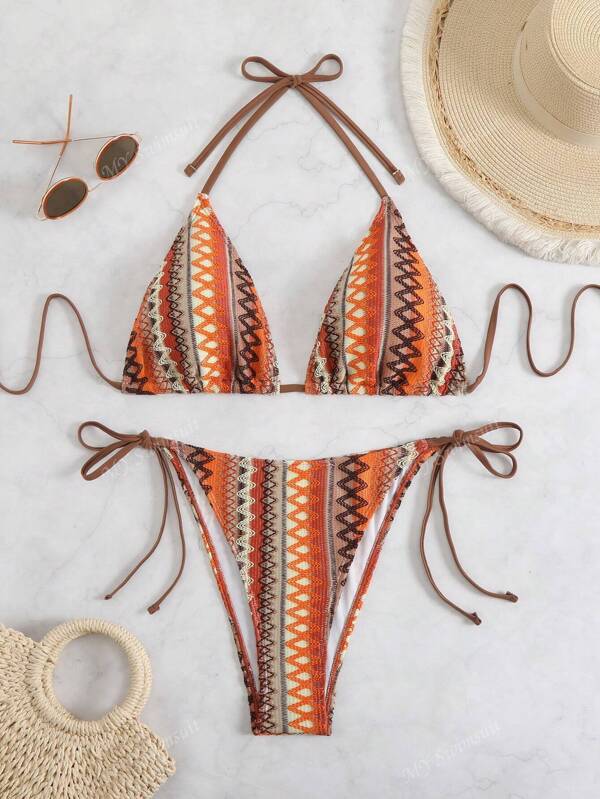 Set di bikini estivi da spiaggia, con motivo geografico stampato, lacci triangolari, taglie forti