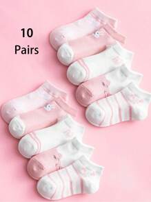 5 Pairs/10 Pairs Girls Ankle Socks, Pink Cat, Rabbit & Stripe Mesh Breathable Short Socks For Spring/Summer, Suitable For Students Back To School And Daily Wear - Multicolor - View 1