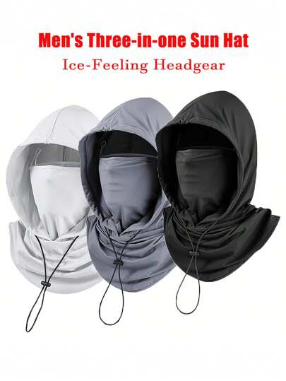 1pc Men's Three-In-One Sun Hat, Ice Silk Sun Shield Balaclava Hat - UV-Resistant Full Face Cover For Cycling - Breathable, Seamless & Adjustable Neck Gaiter Scarf With Drawstring, Outdoor Motorcycle Riding Bicycle Fishing Headgear Hat With Hanging Ears, Sunscreen Face Mask For Men, Cycling Hood For Men, UV Protection, Ice-Feeling Headgear, Sunscreen Mask, Riding Neck Warmer, Face Protector Ski Masks
