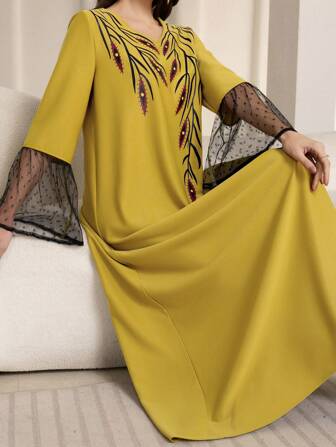 Women V-Neck Print Long Sleeve Mesh Casual Dress,Modest