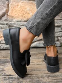 Nouveau style britannique de mi-saison printemps et automne, mocassins à talon compensé épais noir, chaussures plates coréennes avec nœud papillon, Glissant confortable pour écolières