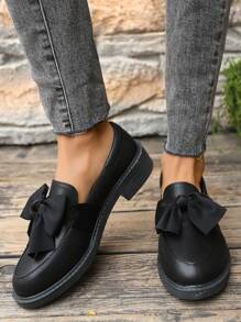 Nouveau style britannique de mi-saison printemps et automne, mocassins à talon compensé épais noir, chaussures plates coréennes avec nœud papillon, Glissant confortable pour écolières