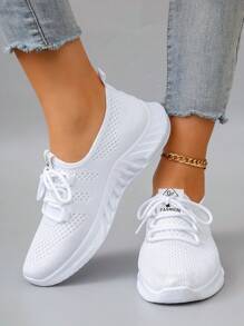Women's Casual Sports Mesh Sneakers, Breathable Comfortable Lightweight Lace-Up Solid Color, Pink, Bright Color, Anti-Slip, Wear-Resistant