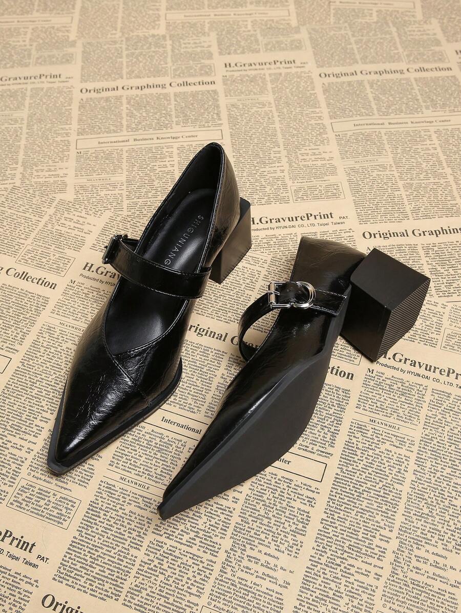 1665-1 高品质时尚尖头鞋，百搭连衣裙，春秋季 - 黑色 - 查看 1