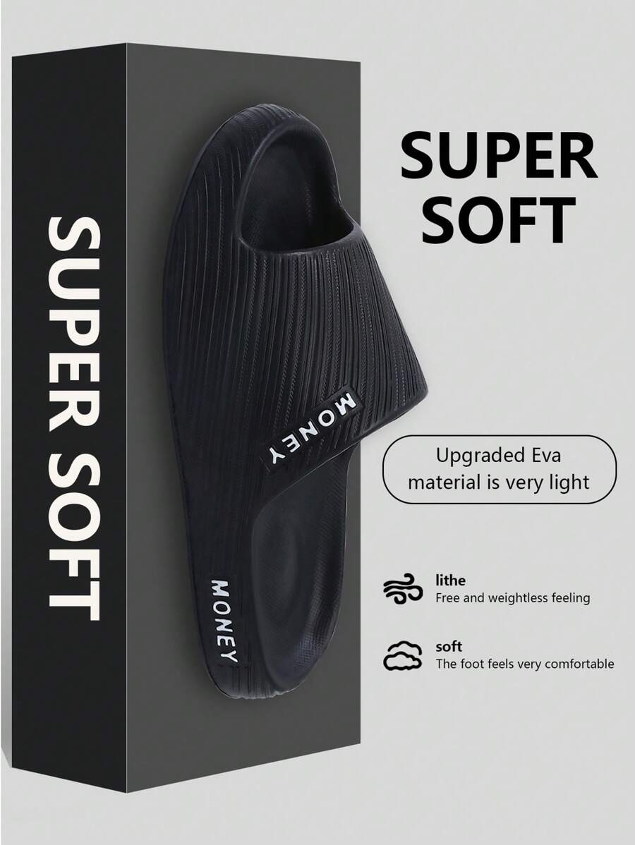 Sandalias de 2025 nuevas mujeres de plástico, suave base ligera, estilo deslizante para interior y exterior, secado rápido, correa abierta de los dedos, unicolor con textura y diseño de letra inglesa tallada