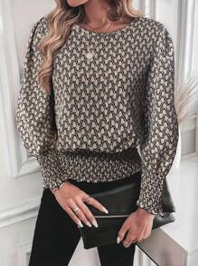 Women New Allover Print Round Neck Long Sleeved Blouse Casual Tops For Spring - Brown - View 2