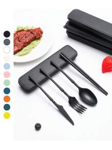 5 Stück/Set Tragbares Kunststoff Besteck-Set mit Messer, Gabel, Löffel, Essstäbchen und 1 Aufbewahrungsbehälter - geeignet für Outdoor-Camping, Picknick, Arbeit und Schule, Schulmaterial