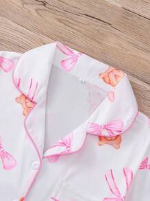 2 件套蝴蝶结兔子印花女士休闲服，包括带领和纽扣的短袖衬衫和松紧腰宽松短裤，可在户外穿着参加节日派对，可爱美丽，适合居家、休闲装、四季穿着，两件套 - 粉色 - 查看 3