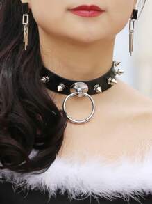 1 件黑色 PU 皮革和塑料镶嵌金属圆形吊坠项圈项链，朋克风格颈饰，角色扮演，派对配饰，礼物 - 黑色 - 查看 3