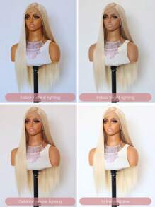 SALLYWELL 24 Inch Mint Blue Synthetic Lace Front Wig, Smooth Straight Hair, Fashion Style For Women; 13x4 High Definition Mint Green Lace Front Wig, Pre-Trimmed Hairline - Gold - View 9