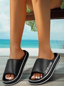 女士夏季 2025 新款黑色拖鞋，轻便舒适户外/室内穿着，防臭，防滑，情侣款，厚底，增高，加大码，运动休闲淋浴拖鞋