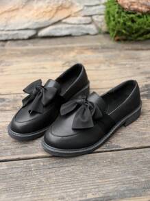 Nouveau style britannique de mi-saison printemps et automne, mocassins à talon compensé épais noir, chaussures plates coréennes avec nœud papillon, Glissant confortable pour écolières