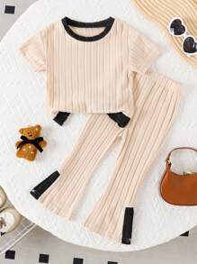 Baby Girls 2pcs Set: Color-Block Fuzzy Short Sleeve Top + Solid Color Flare Pants