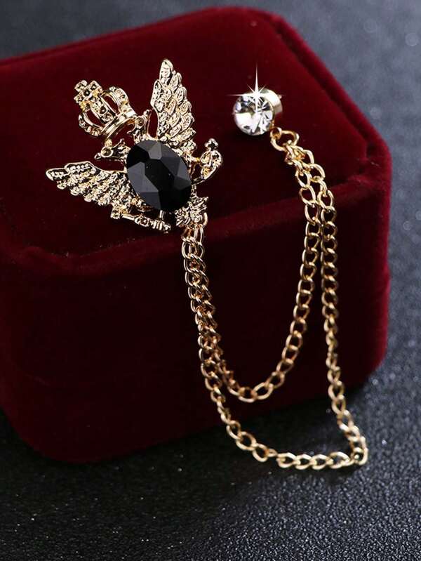 1pc Men's British Style Crown Shield Brooch Pin, Suit Chain Lapel Pin Badge Vintage Tassel Corsage Business Accessory, Men's Gift, Gold/Silver Color Rhinestone Decor Chain Brooch Halloween Christmas