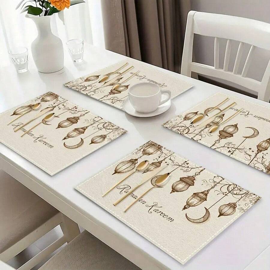 1set/1pc/4pcs/6pcs Ramadan Lantern And Moon Pattern Placemat, Machine Washable Polyester Placemat, Protected Tabletop, Heat Resistant, Dirty And Easy To Clean Placemats, Table Decoration, HolidayParty Layout, Desktop Protection, Can Be Used As Gifts - Multicolor - View 1