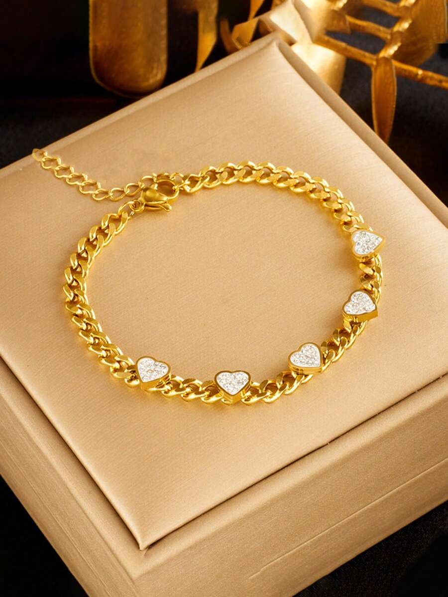 1pc Fashionable White 3D Heart Chain Stainless Steel Bracelet, Versatile & Elegant, Suitable For Daily Wear And Gift - Yellow Gold - View 1