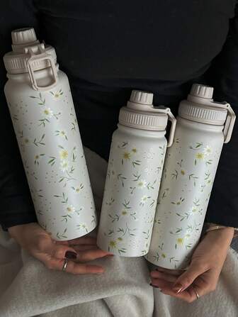 1pc 600ml/20.29oz 800ml/27.06oz 1000ml/33.82oz Stainless Steel Daisy Double Wall Insulated Tumbler,Outdoor Sports Water Bottle, Flat Bottom Cup, Water Mug, Tea Pot, Tea Cup, Fitness Water Bottle, Suitable For Office, Outdoor, Home, Birthday Gift, Valentine's Day, Mother's Day Gift, Graduation, Back To School And Other Holiday Gifts