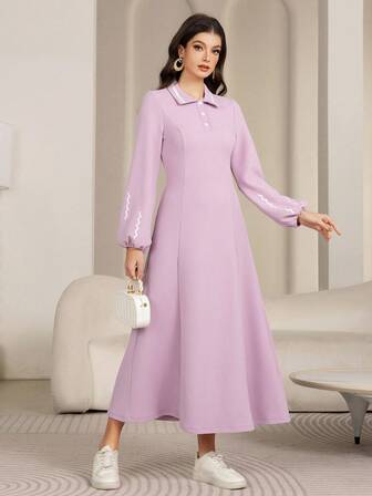 Kvinnors fyrkantig krage Slim Fit Elegant långärmad Robe Abaya Modest Kafftan Jalabiya Arabian Klänningar