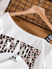 Set de 2 piezas que incluye blusa de manga corta con estampado de letras y falda de malla con estampado de leopardo para niñas preadolescentes - Blanco - Ver 3