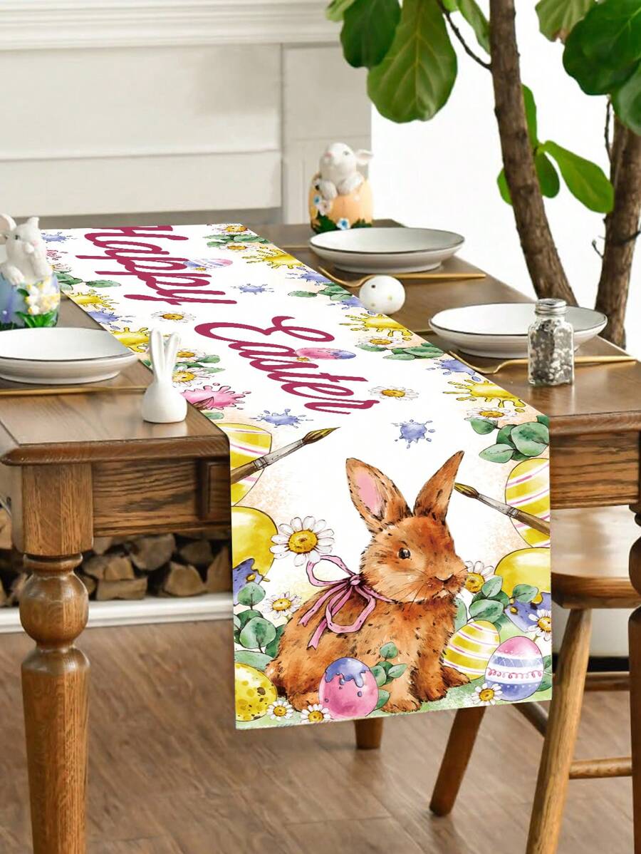 1 pièce Chemin de table motif lapin de Pâques, œuf de Pâques et marguerite, couverture de table, décoration de table pour fête de Pâques, décoration d'anniversaire, décoration de Pâques, décoration de maison, fournitures de fête pour cuisine et restaurant, décoration de table printanière, repas de Pâques