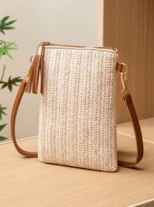 迷你斜挎包 手工编织手提包 纯色 法式流苏装饰 大容量 多功能 拉链肩带 旅行购物袋 日用草编钱包 沙滩包 沙滩必需品 沙滩用品及夏季必需品 钱包 女士迷你斜挎包 钱包 钱包 - 棕色 - 查看 2