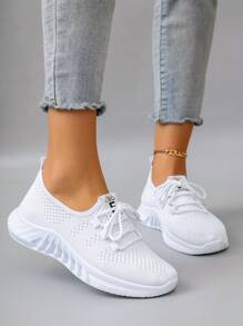 Women's Casual Sports Mesh Sneakers, Breathable Comfortable Lightweight Lace-Up Solid Color, Pink, Bright Color, Anti-Slip, Wear-Resistant