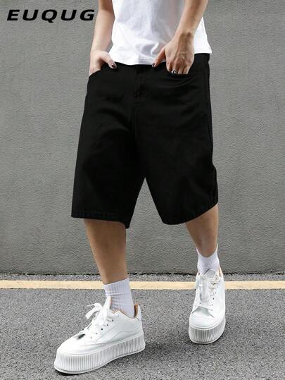 男士夏季休闲黑色斜口袋牛仔百慕大短裤，美式街头风格百搭及膝牛仔短裤